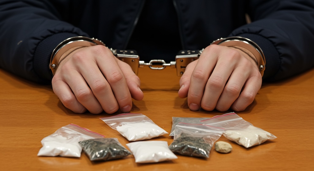 Handcuffed Suspect and Illicit Drugs Displayed on Wooden Table, Symbolizing Crime and Addiction. Needs drug crime lawyer