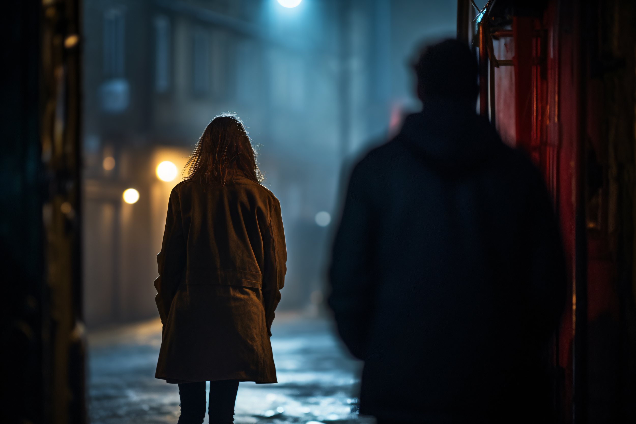 Night scene with man following woman. crime, stalking and sexual assault.