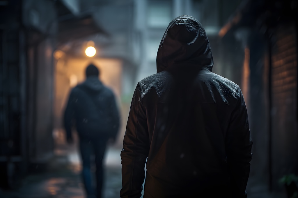 Night scene with man in hood following person. Concept for crime, robbery and assault. | Richard P. Davies, Esq. Night scene with man in hood following person. Concept for crime, robbery and assault.